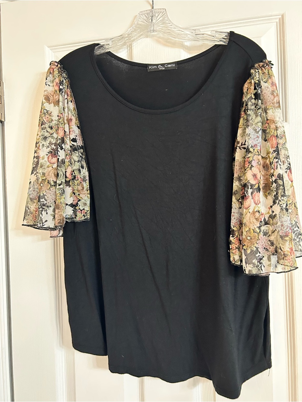 Kim & Cami Black Knit Top with Floral Sheer Puff Sleeves
